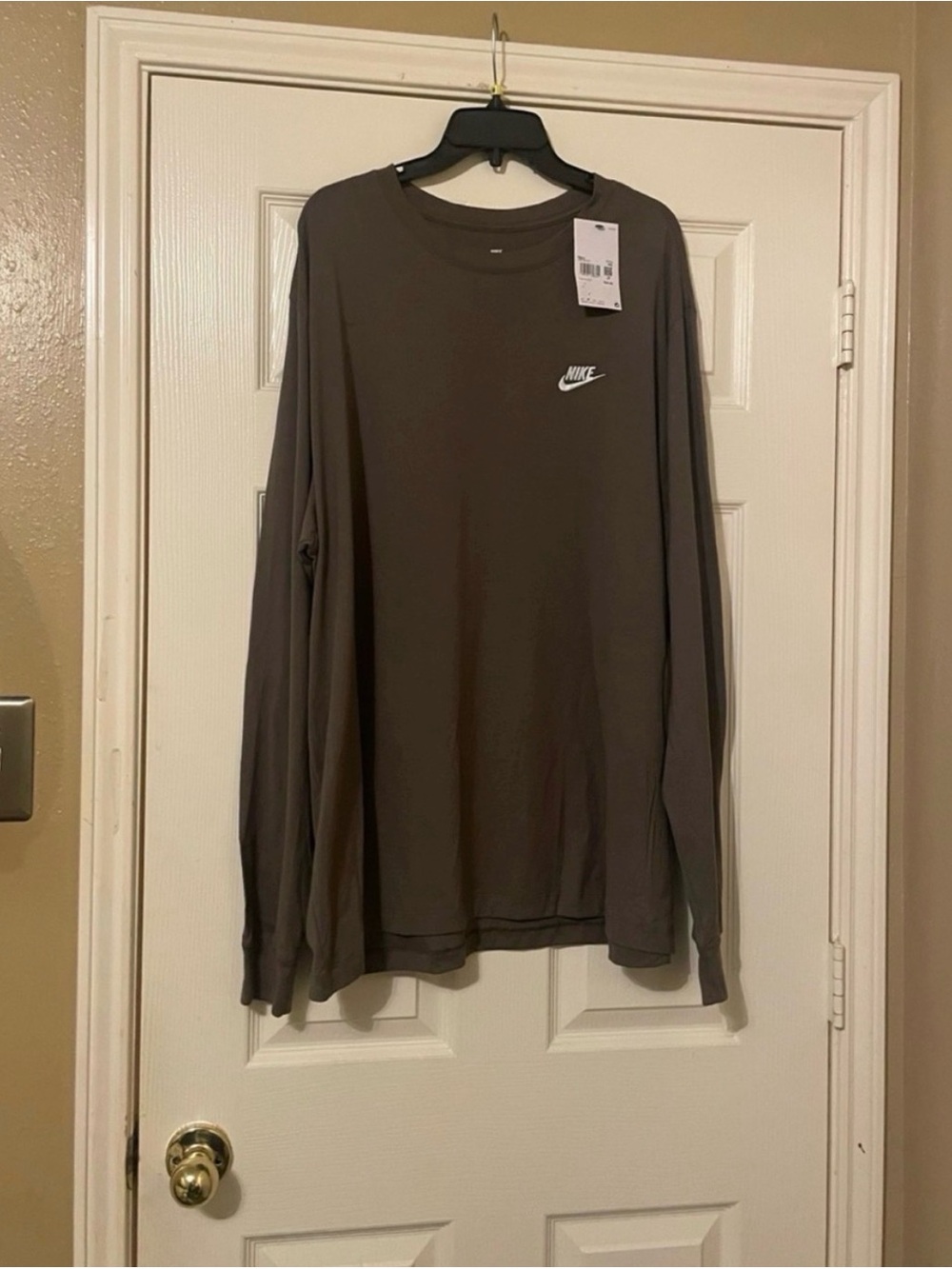 Nike Men’s Long-Sleeve Crew Tee — Grayish Brown with White Logo
